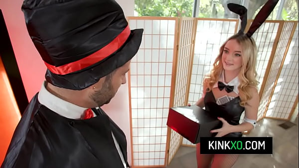 Petite teen Maria Kazi dressed in sexy bunny costume let her bestie fuck her tight pussy
