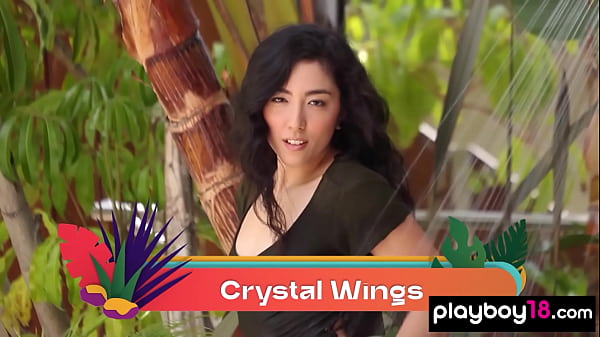 Mischievous skinny asian Crystal Wings stripping under the shower outdoor