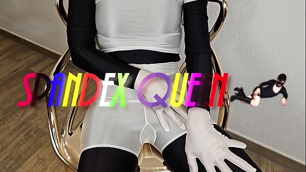 SpandexQueen sucks balls in her black   white spandex suit and drains his balls on her mask