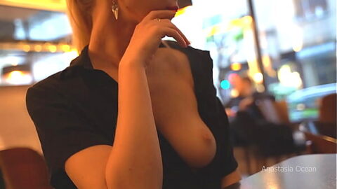 Topless in Cafe: Guys Stare, Pussy Gets Wet