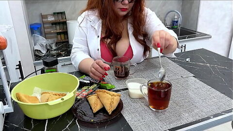 Mature stepmom took care of her stepson and poured him tea